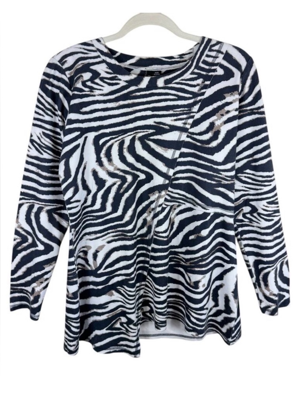 Ethyl Black White Tan Zebra Print Long Sleeve Faux Suede Pullover‎ Top Size M